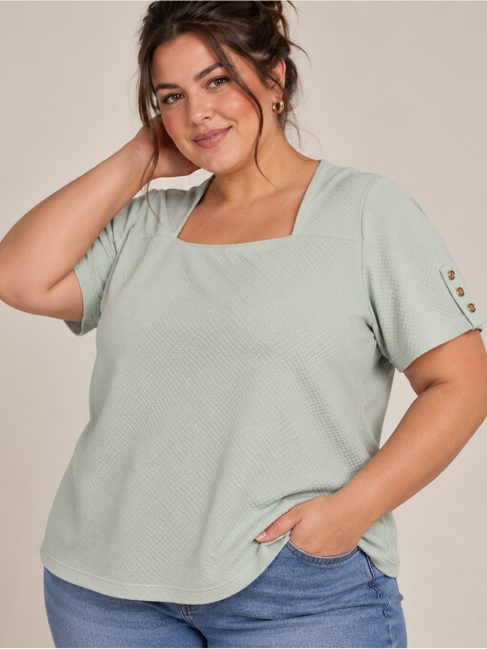 Liz Claiborne Women’s XXL Mint Green Textured Square Neck Top Gold Button